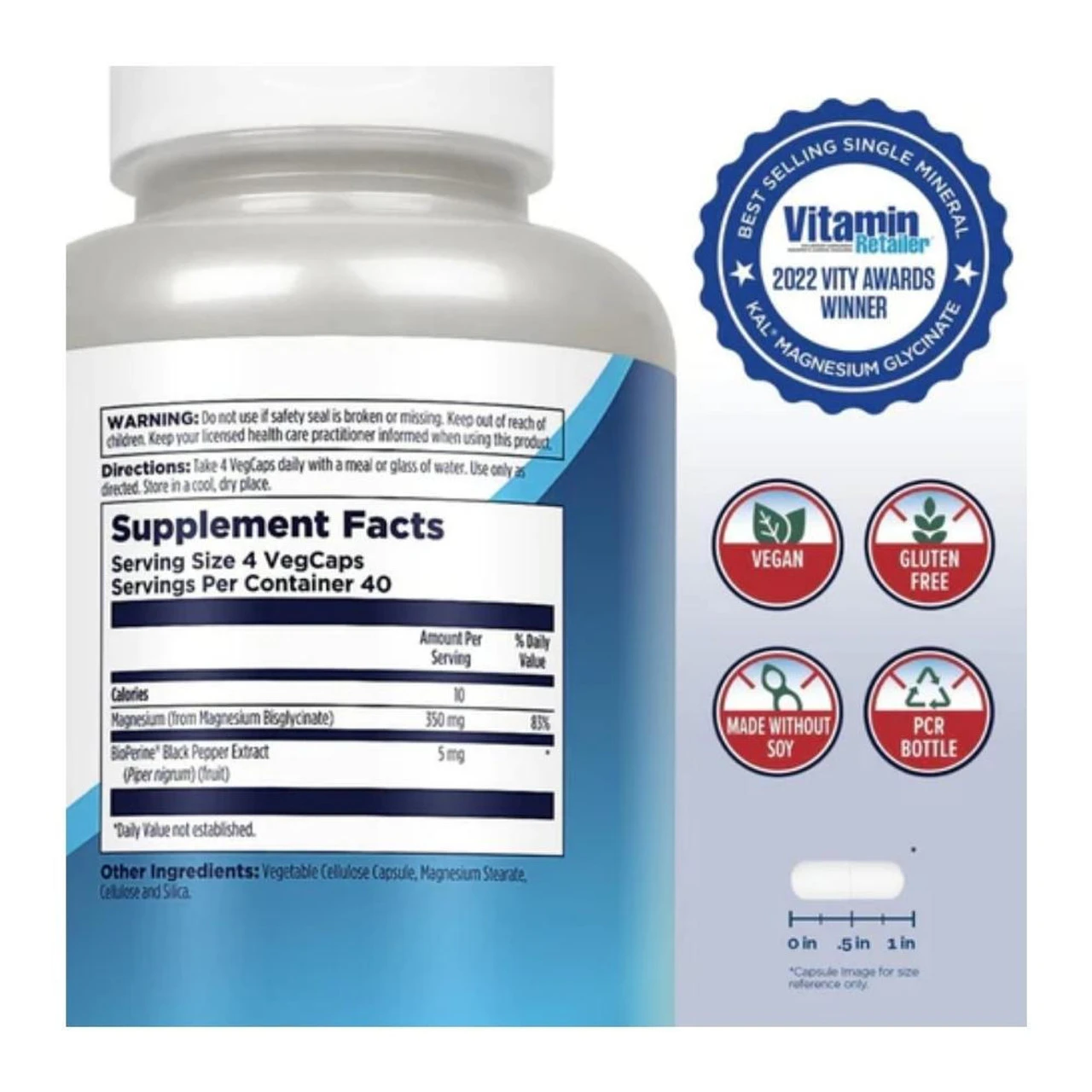 Kal Magnesium Glycinate 350mg 160 Capsules - Image 2